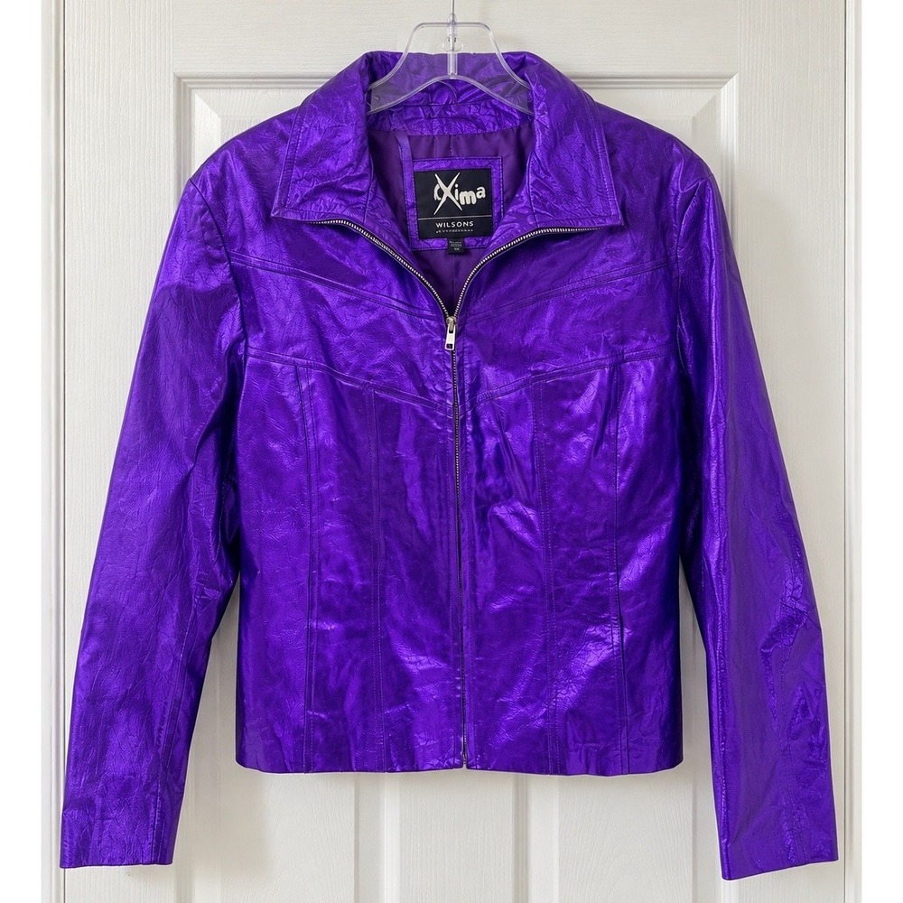 Vintage Wilsons Maxima Purple Leather Jacket Womens Large Metallic Zip Front